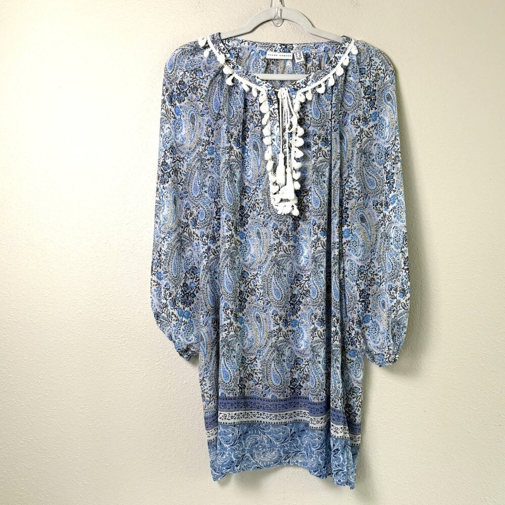 Susan Graver Tunic Top Womens Size 1X Blue Paisley Chiffon Blouse Tassel Boho